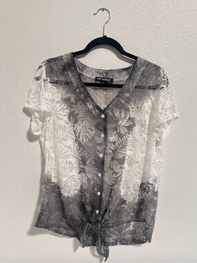 Picadilly Sheer White & Gray Leaf Print Tie-Front Blouse